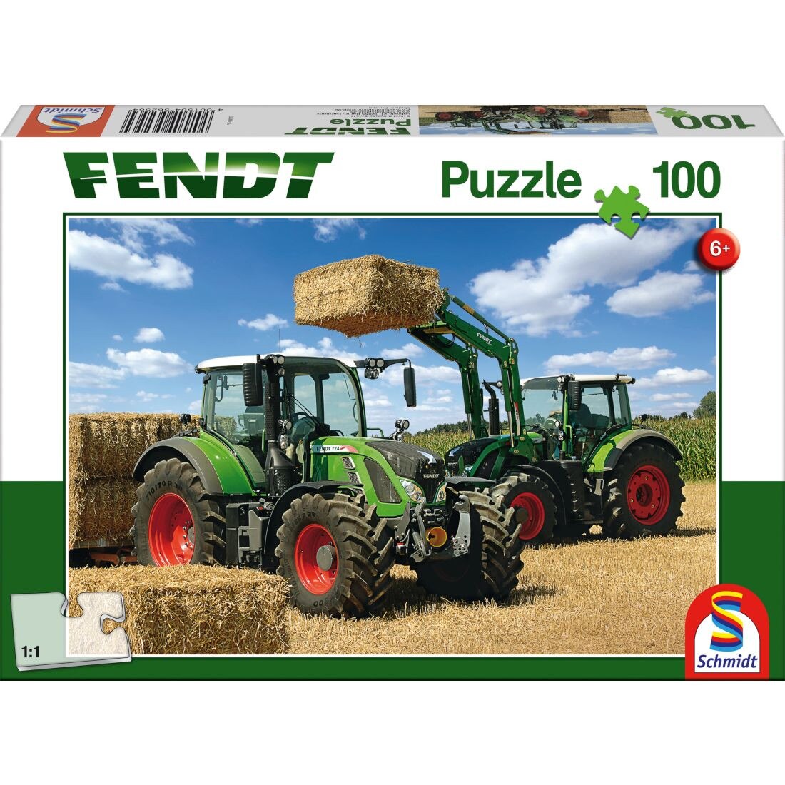 Puzzle Schmidt pentru copii 100 piese Fendt: Fendt 716 Vario cu Fendt Cargo 4x85 cu incarcare frontala