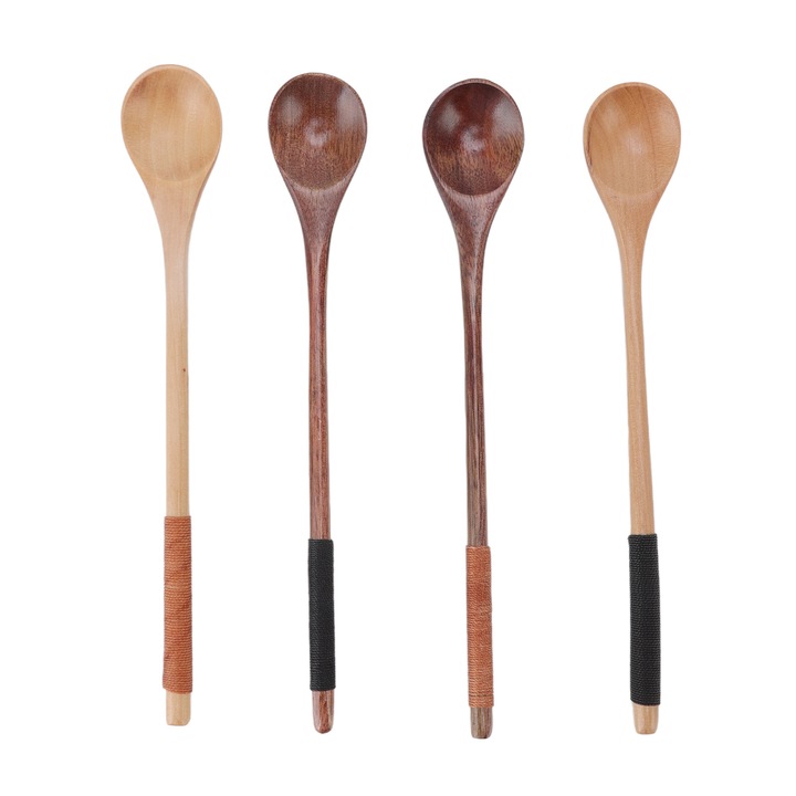 Set 4 piese linguri lemn lacuit HERUSI maner lung 20cm
