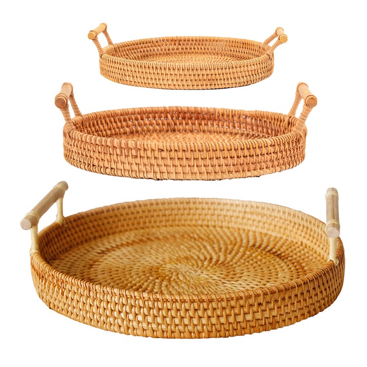 Set 3 Cosuri din Rattan, Culoare Naturala, Multifunctionale, Usor de Transportat
