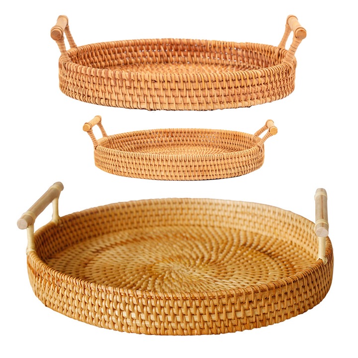 Set 3 Cosuri din Rattan, Culoare Naturala, Multifunctionale, Usor de Transportat
