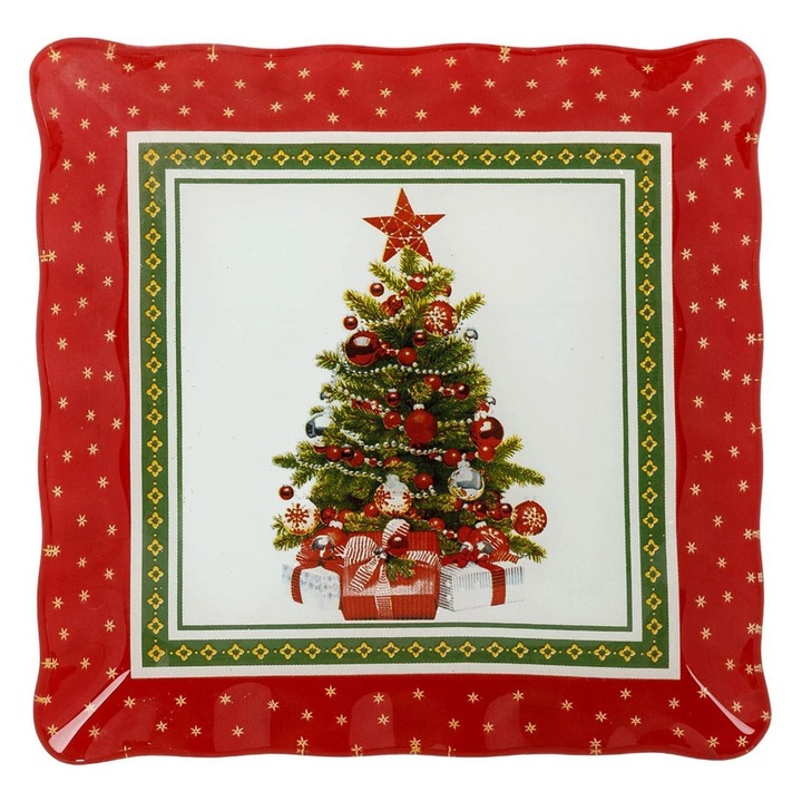 Квадратна стъклена коледна десертна чиния с украсено дърво и подаръци 17x17 см