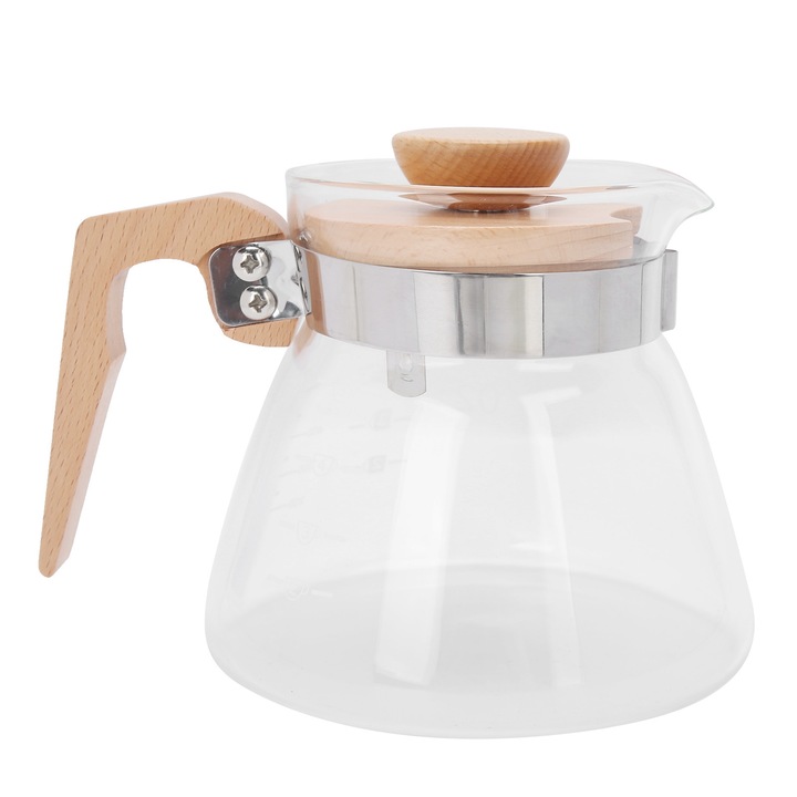 Cafetiera tip toarna 600ml, sticla, cafetiera tip server, cu capac si maner din lemn, pentru acasa si birou
