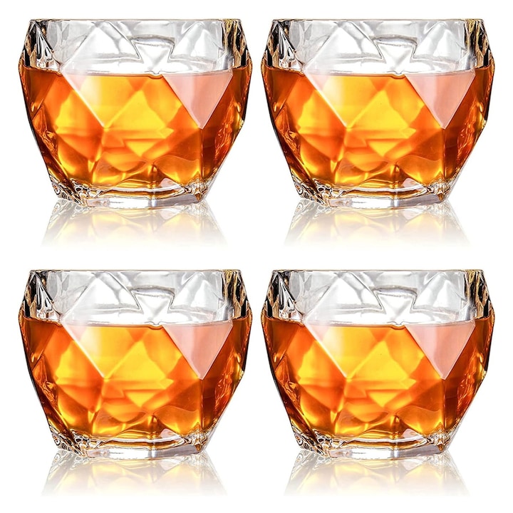4 darab csiszolt kristály whiskys pohár készlet, 330 ml, rombusz alakú, ólommentes