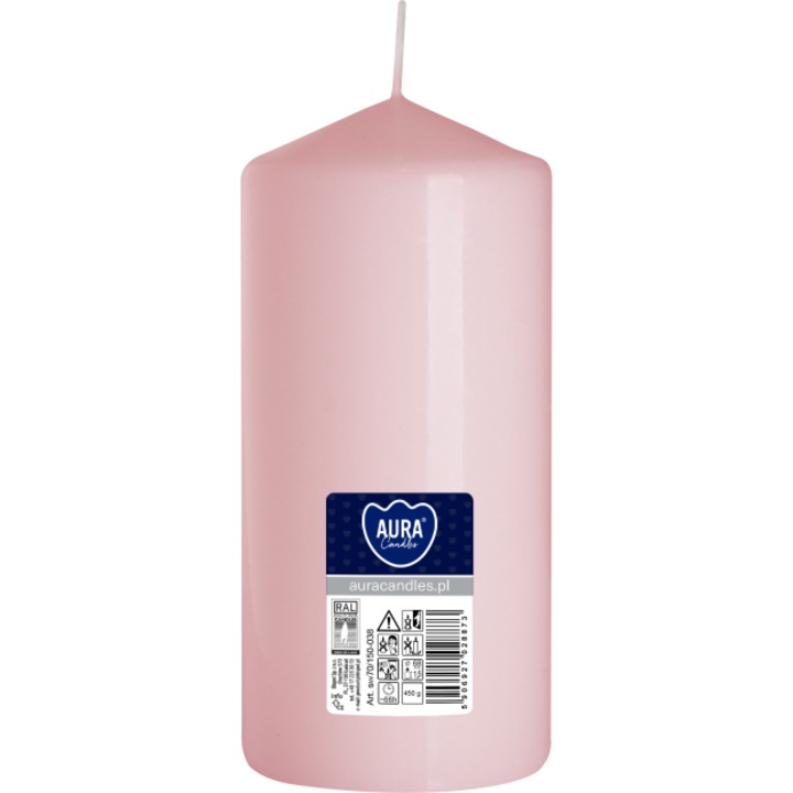 Свещ Bispol Aura 15 см, светло розова, беззапача, време на горене 66 часа, диаметър 6,8 см