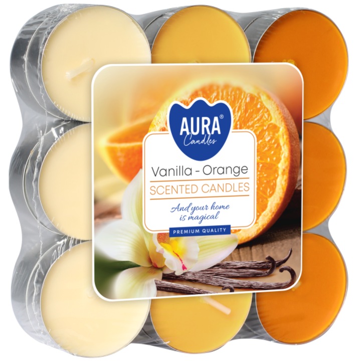 Комплект от 18 ароматизирани свещи BISPOL Aura, ванилия-магданоз, 4 часа горене, многоцветни