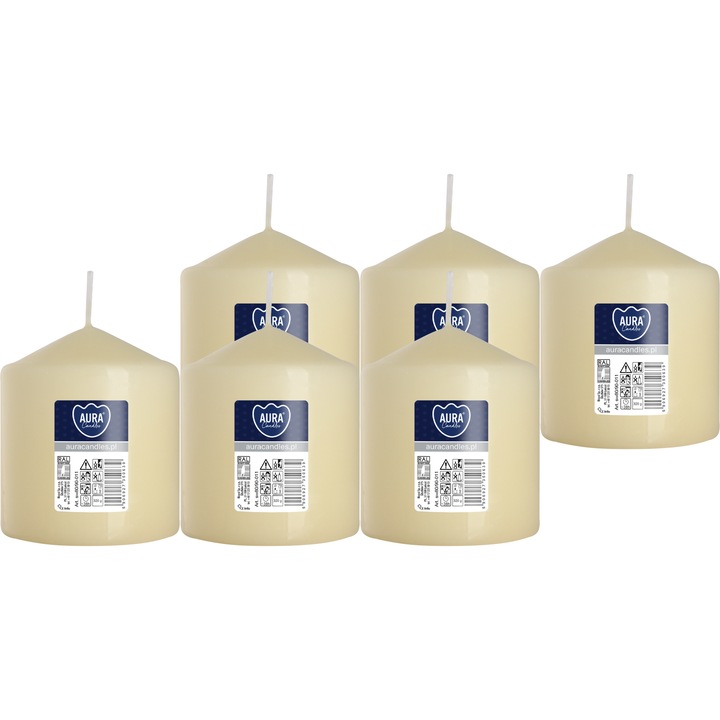 Декоративни свещи BISPOL, 6 броя, кремави, 9х7,8 см, без аромат, време на горене 38 часа