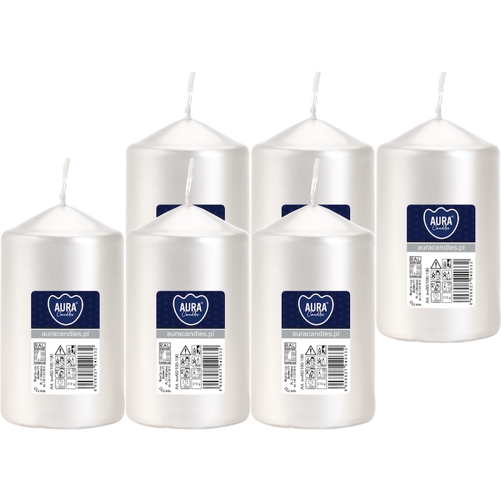 Комплект от 6 цилиндрични свещи Bispol, 30H, 10x5.8cm, перлено бели, без аромат