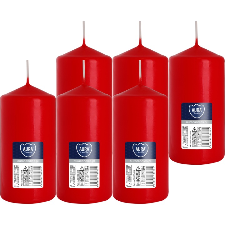 Цилиндрични червени свещи BISPOL 12см, без аромат, комплект от 6 бр