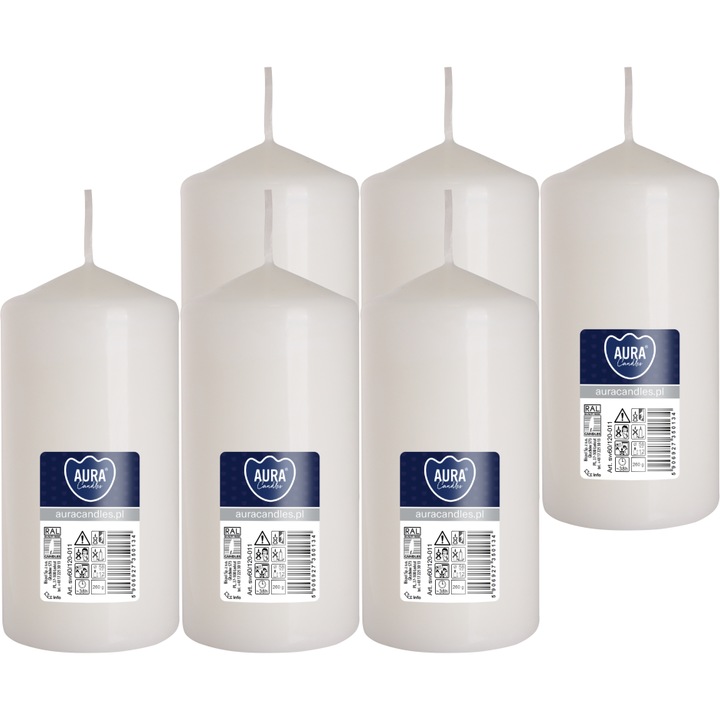 Декоративни свещи Bispol, walc, без аромат, бели, 12x5,8 см, комплект от 6 бр.