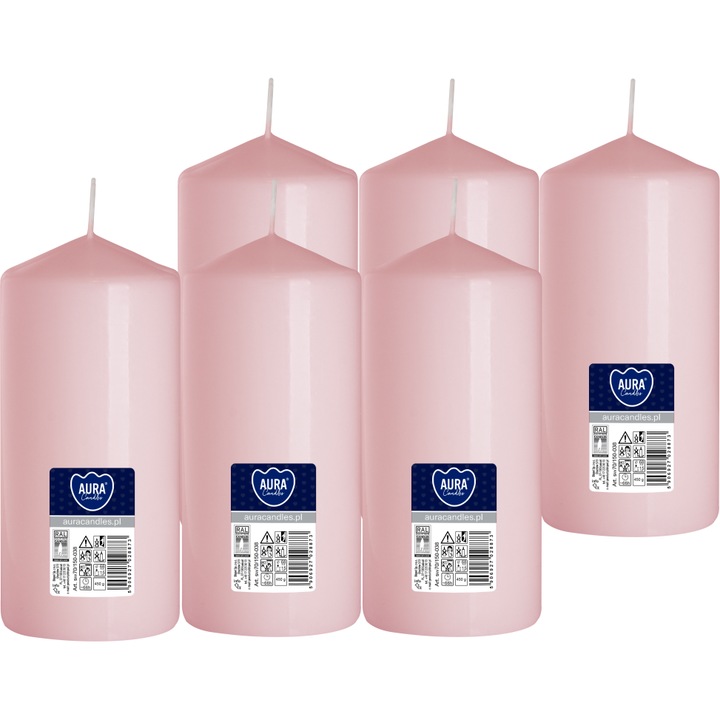 Свещи Bispol Aura, 15 см, розови, комплект от 6 броя, без аромат