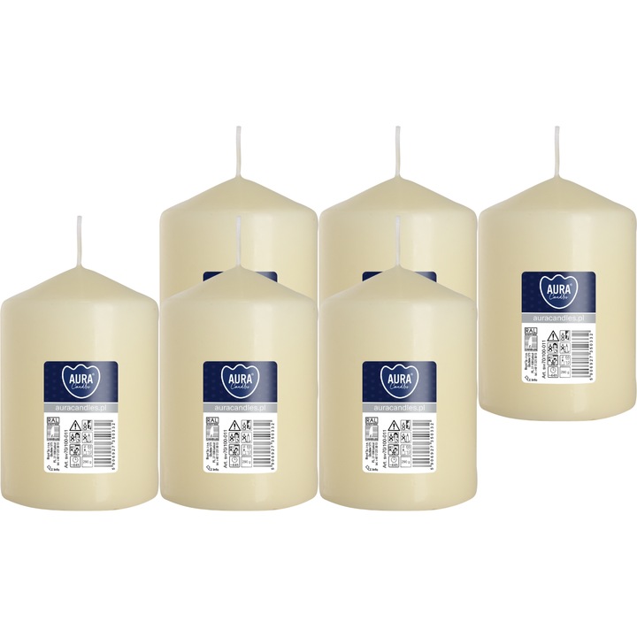 Комплект от 6 цилиндрични свещи BISPOL 44H 10cm крем, без аромат, диаметър 6.8cm