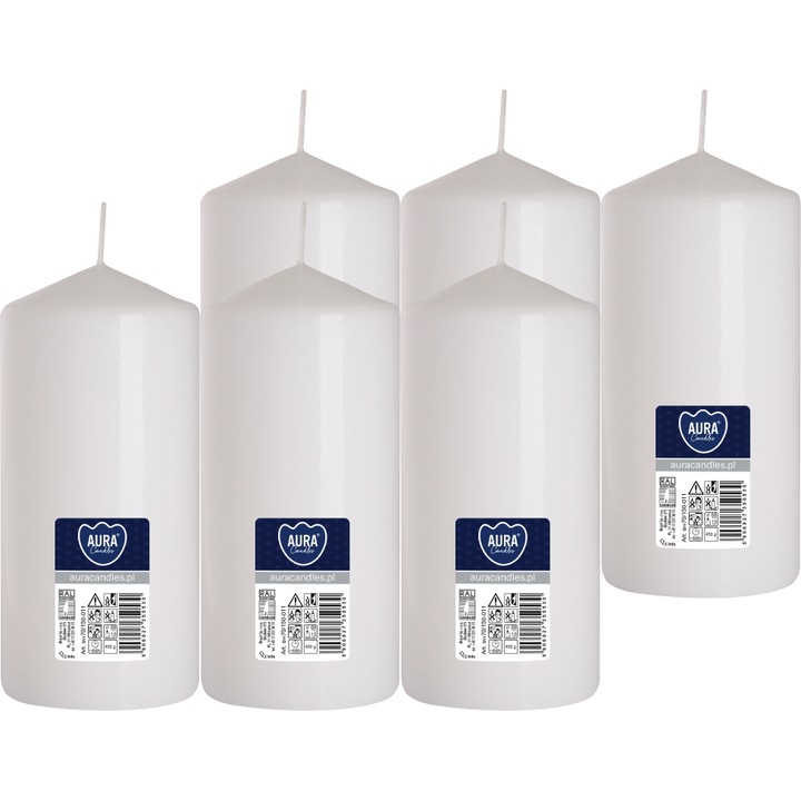 Комплект 6 цилиндрични свещи BISPOL 15см, бели, без аромат, време на горене 66 часа