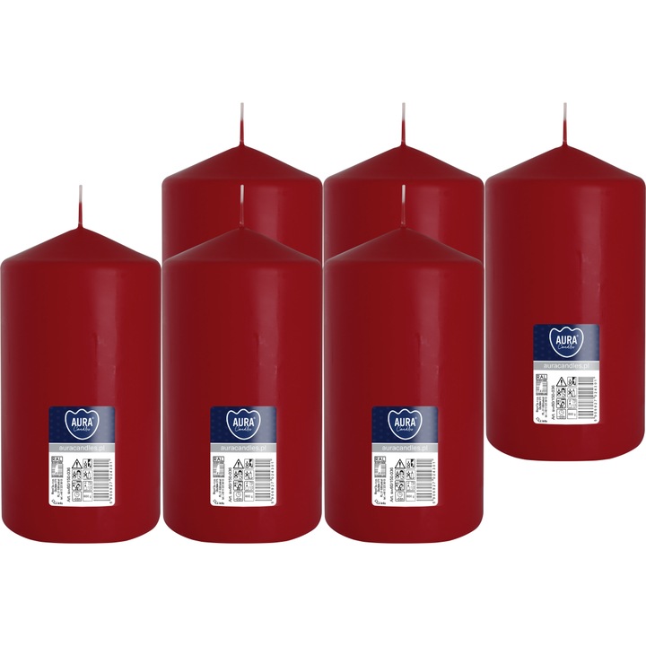 Цилиндрична свещ BISPOL 15см бордо, комплект 6 бр., без аромат