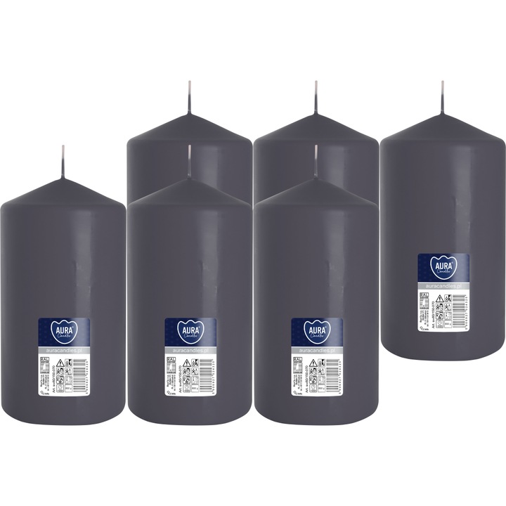 Комплект 6 цилиндрични свещи BISPOL 15см, сиви, без аромат, време на горене 66 часа