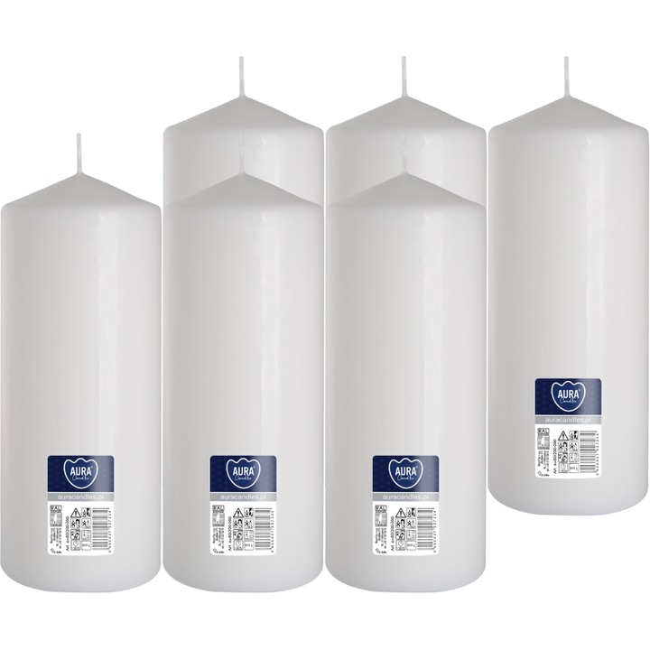 Комплект 6 цилиндрични свещи BISPOL 20см, бели, без аромат, време на горене 90 часа