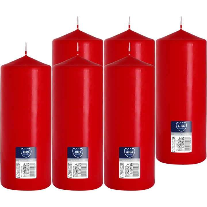 Цилиндрични свещи Bispol, червени, 20x7,8 см, без аромат, комплект от 6 бр.
