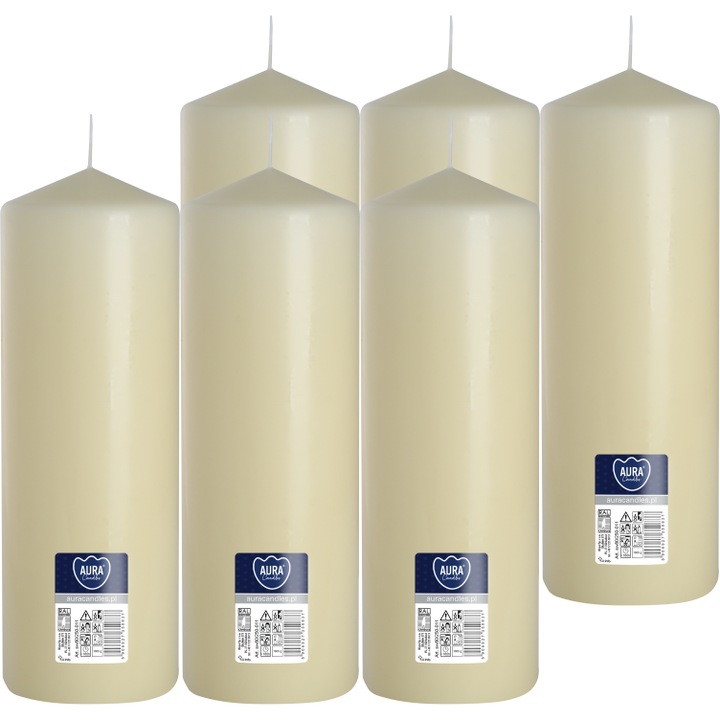 Комплект 6 цилиндрични свещи BISPOL 25см крем, без аромат, време на горене 160 часа