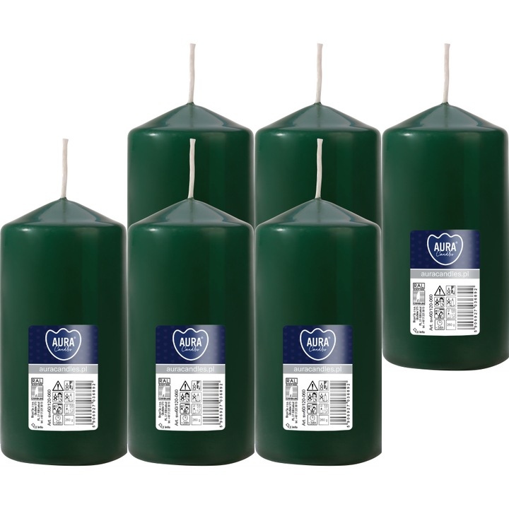 Цилиндрични свещи Bispol, 12 см, зелена бутилка, без аромат, комплект от 6 бр.
