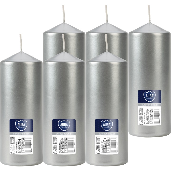 Декоративни свещи Bispol, 15см, 6бр, неароматизирани, сребристи металик