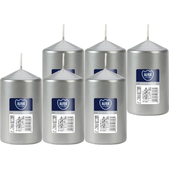 Комплект 6 цилиндрични свещи BISPOL 30H 10см, сребристи металик, без аромат