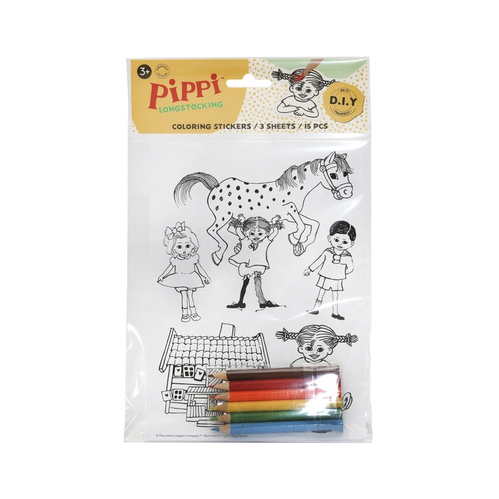 Комплект за творчество Pippi, 3 книжки, 15 цветни стикера, 6 цветни молива, многоцветни