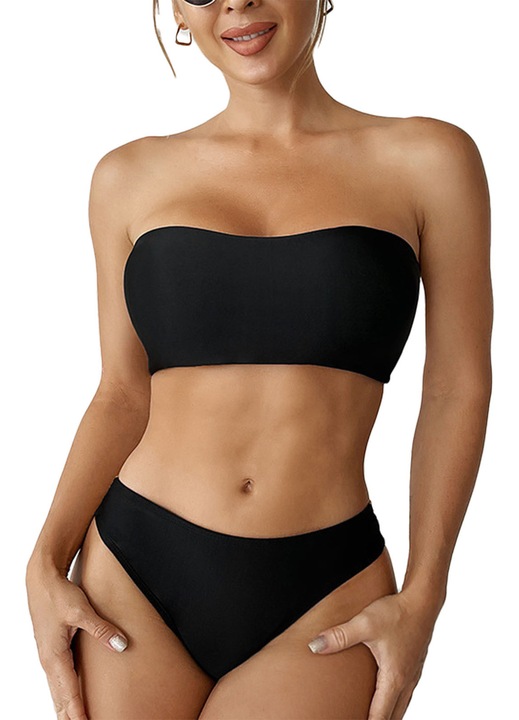 Costume de baie dama, negru, design fara spate, bretele, fibra de poliester
