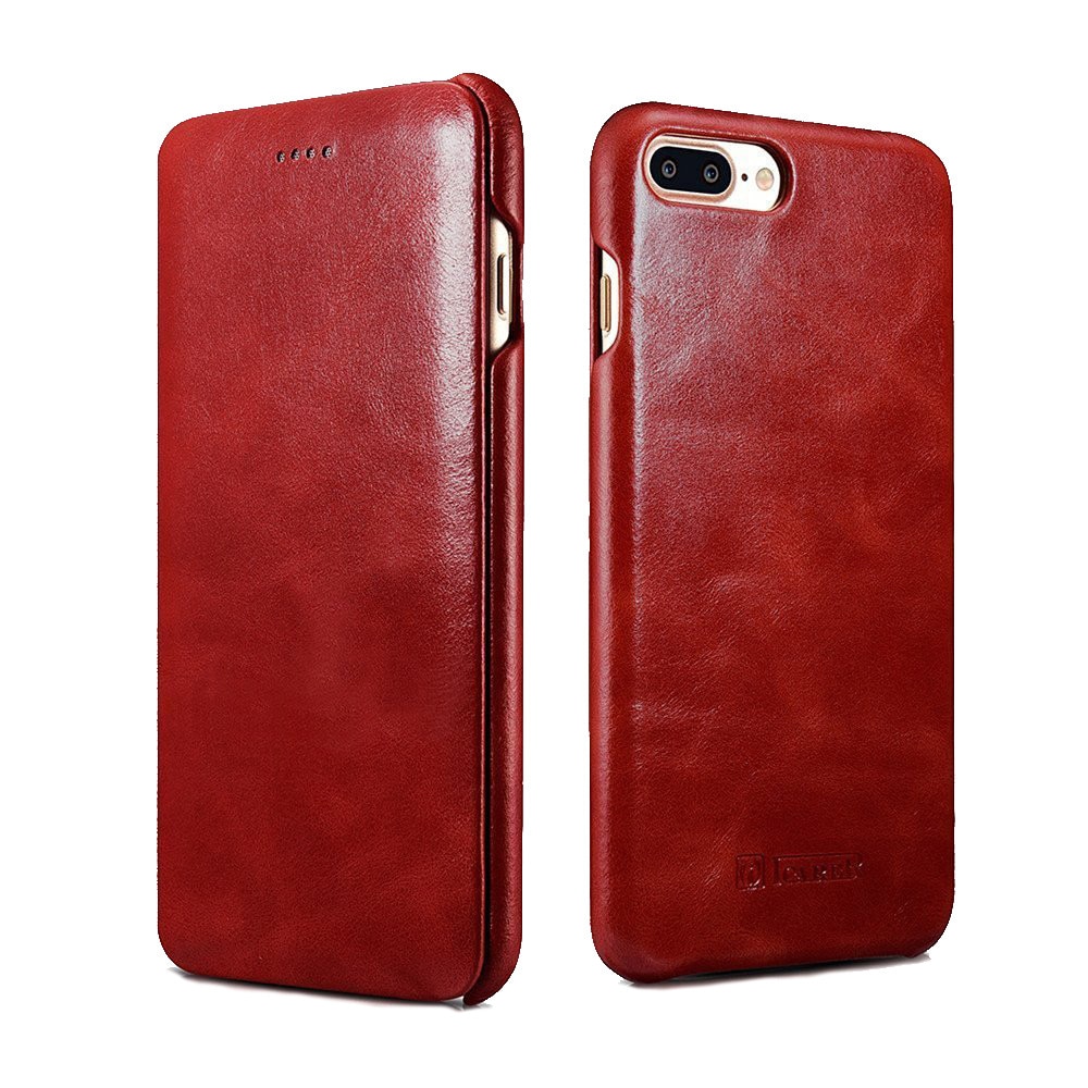 Husa iPhone 7 Plus, iPhone 8 Plus, iCarer Vintage Curved Series, din piele, tip carte, culoare Rosu burgund