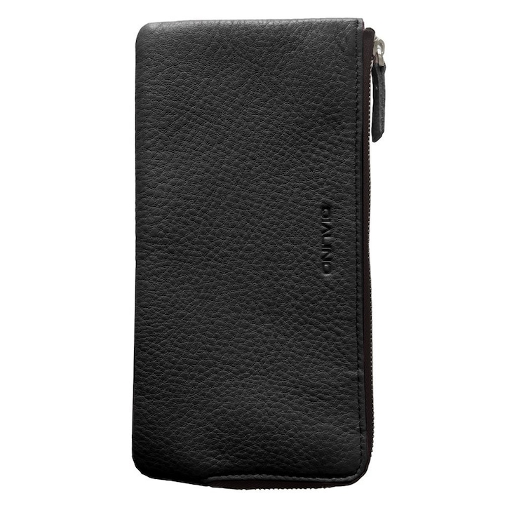 Portofel universal din piele naturala moale pentru telefoane pana 175mm, Qialino Vintage Zip Wallet, culoare Negru