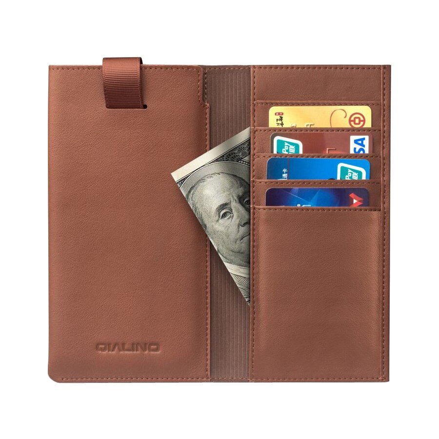 Husa tip saculet + portofel din piele naturala moale, iPhone 6 Plus / iPhone 7 Plus / iPhone 8 Plus - Qialino, culoare Maro tabac