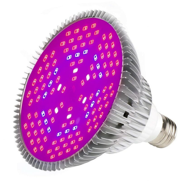 Bec LED Grow Light 100W E27/E26, spectru complet, 150 LED-uri, dimensiuni 12.2x12.5cm, utilizare interioara