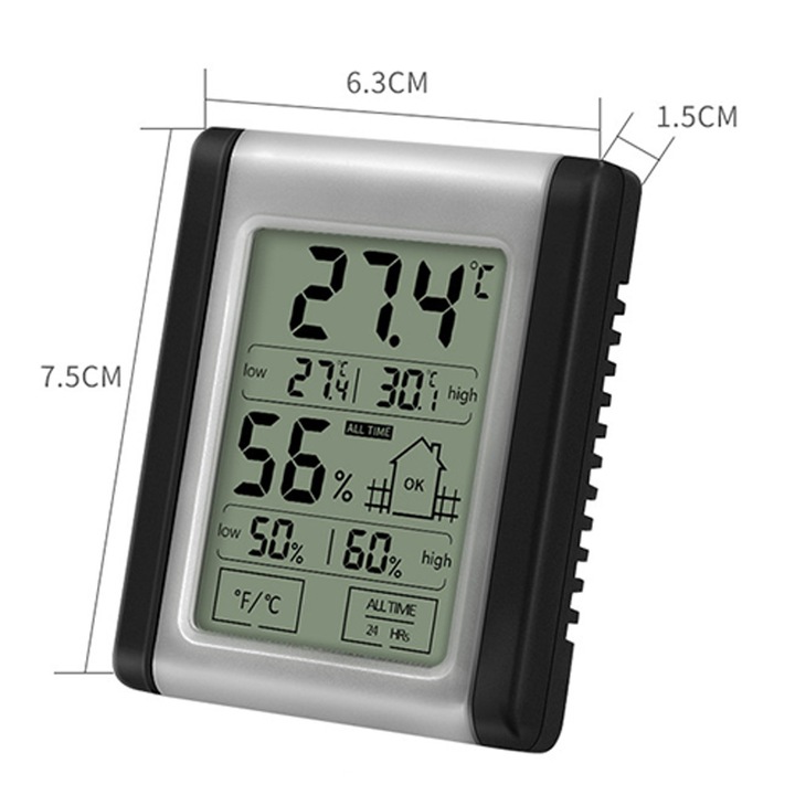 Termometru digital cu higrometru, monitor temperatura si umiditate, argintiu/negru, 10x5cm
