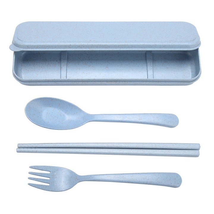 Set tacamuri portabil HERUSI, paie de grau, albastru, 3 piese, cu cutie