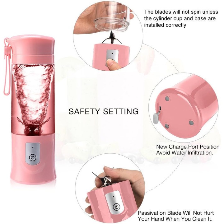 Mini Blender Enforose, 350ml, roz, cu 6 lame din material alimentar, portabil