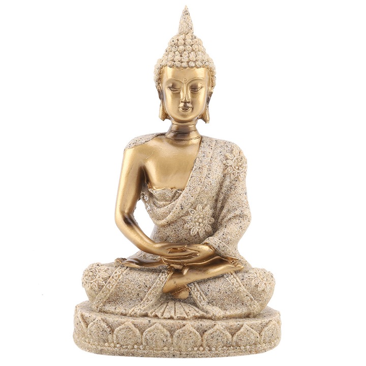 Statueta Buddha sezand, sculptura manuala, auriu, 15x10x10cm