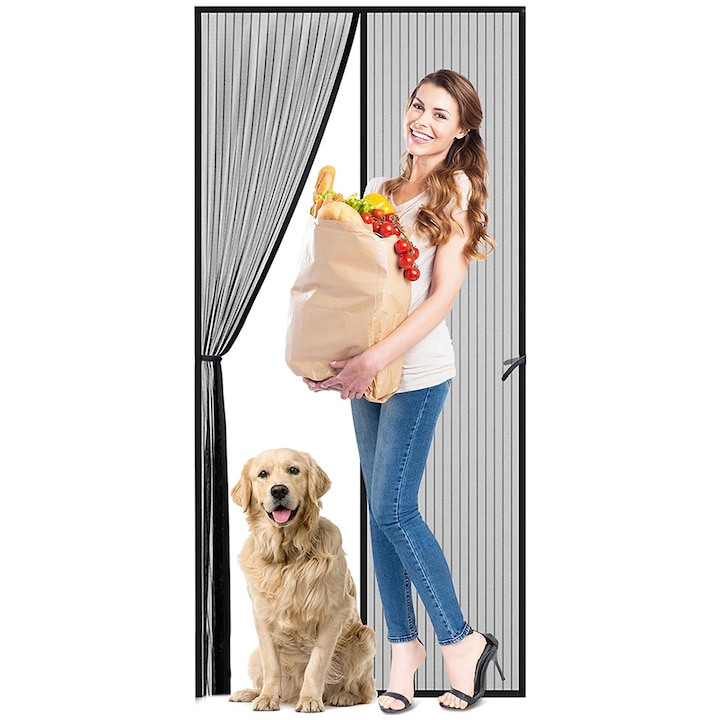Plasa de usa anti-insecte, Minetgnon®, cu inchidere magnetica, dimensiuni 210 x 100 cm, Negru