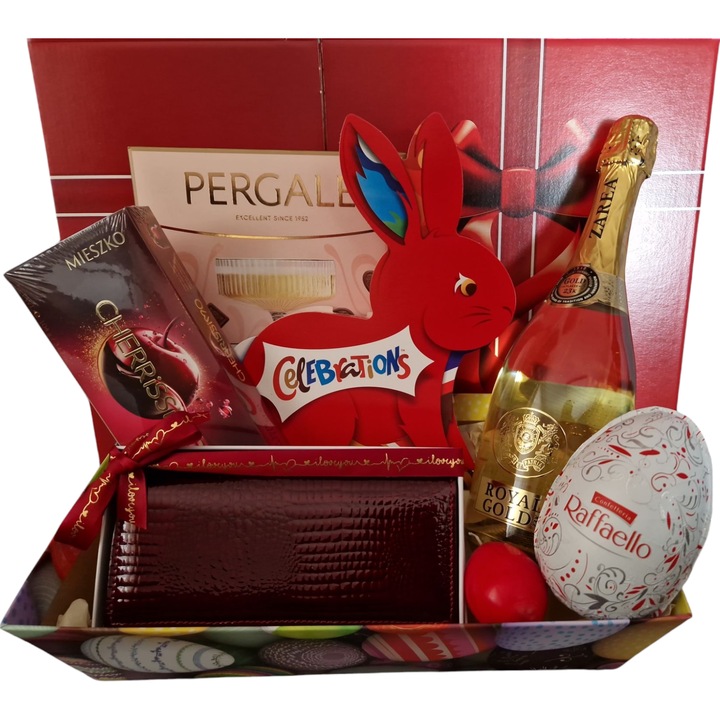 Cos cadou pentru femei, cu portofel piele naturala, Zarea Gold, Praline asortate de ciocolata, Bomboane Raffaello, Pergale, cutie decorativa