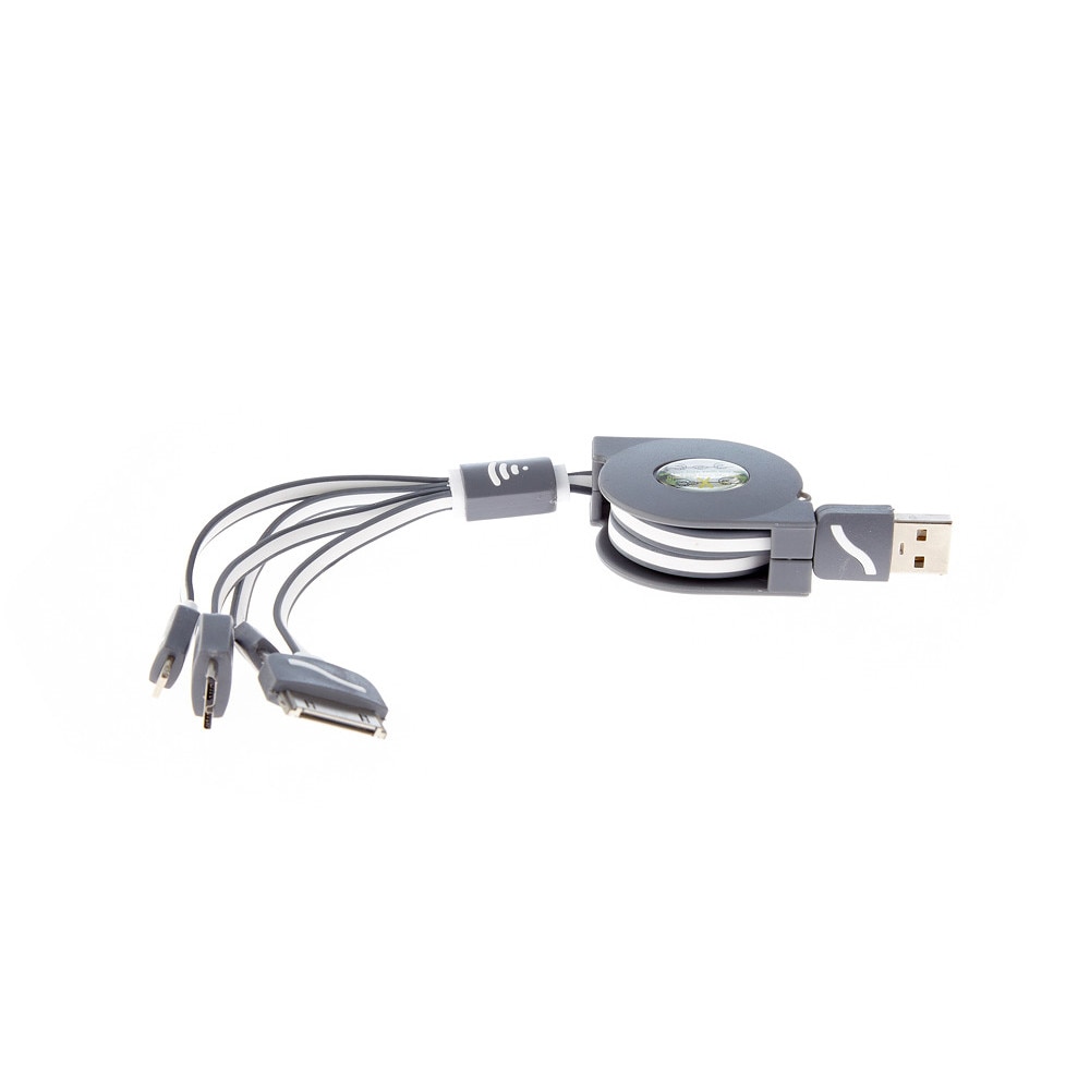 Cablu incarcare retractabil 1 m, 4 in 1 Micro Usb Lightning 30 Pin iPhone 3G 4S 5S 6S Samsung HTC LG Nokia, Alb-Gri