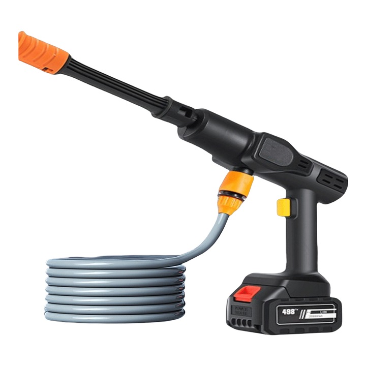 Комплект водоструйка, С батерия, 48 V, 35 bar, Ергономична дръжка, С аксесоари, Черен