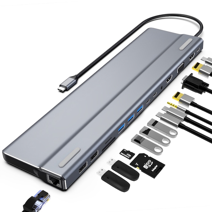 Докинг станция, 15 в 1, BYONDSELF®, 4K, 1000Mbps, с 2×HDMI, PD 100W, 5×USB-A, 2×USB-C, 3.5 мм аудио жак, VGA, SD/TF