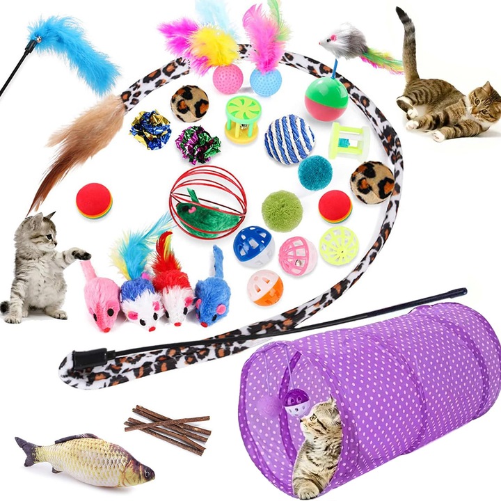 Set De 28 De Jucarii Interactiva Pentru Pisici, BYONDSELF®, Include Tunel Pentru Pisici, Nepeta Cataria, Peste, Pene, Bata De Joc, Soareci De Plus, Mingi Si Clopotei, Potrivit Pentru Interior, Pisici Si Catei Mici