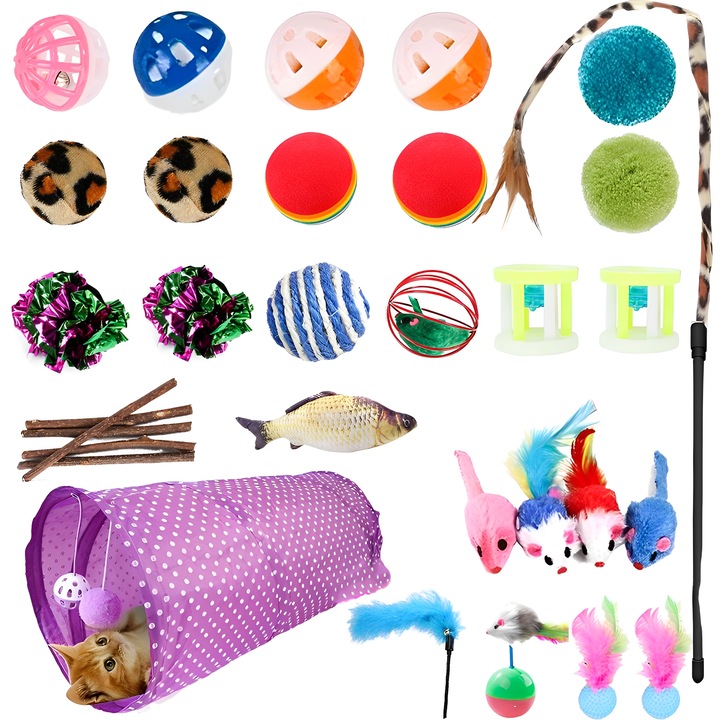 28 darabos interaktív macskajáték készlet, BYONDSELF®, Tartalmaz macskaalagutat, macskamentát, halakat, tollakat, játékbotot, plüss egereket, labdákat és csengőket, Beltéri használatra, macskáknak és kistestű kutyáknak alkalmas