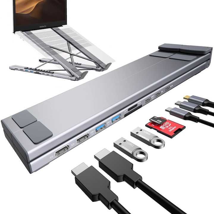 Docking Station Hub USB-C, BYONDSELF®, 8 in 1, cu HDMI 4K@30HZ, 2 porturi USB-A 3.0, 3 porturi USB-C, PD 100W, Cititor SD/TF