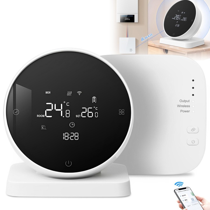 Termostat de ambient, BYONDSELF®, control wireless prin WiFi si aplicatie mobila, telecomanda vocala, compatibil cu orice dispozitiv de incalzire, compatibil cu Tuya, Google Home si Alexa, accesorii incluse, Alb-negru