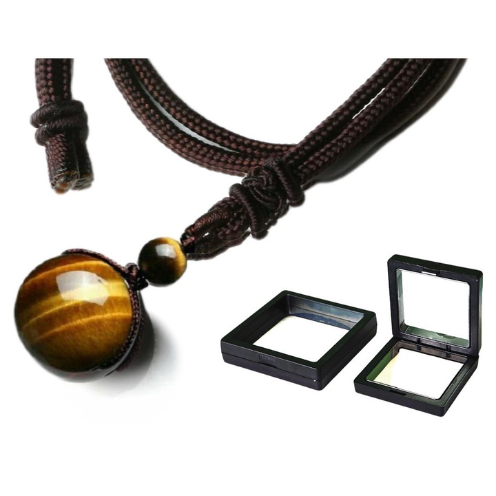 Természetes tigrisszem köves nyaklánc, 16mm, obszidián medállal, ajándék szett, uniszex, kerülete 51cm-80cm