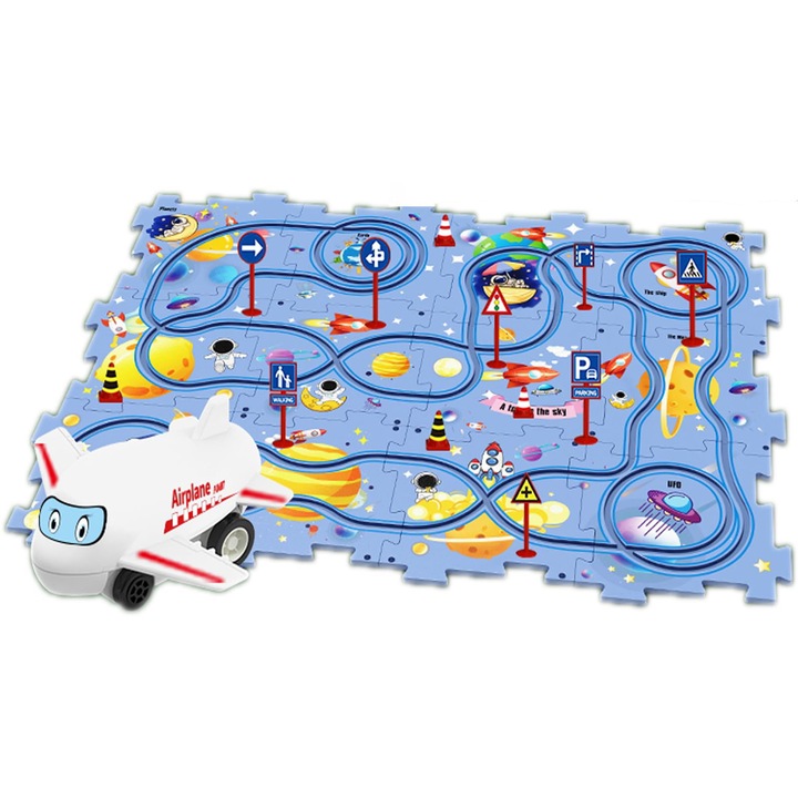 Многофункционален образователен комплект пъзели за деца, MorFansi®, Модел на самолетна писта, 47 x 38 см, 3+ години, Космическо синьо