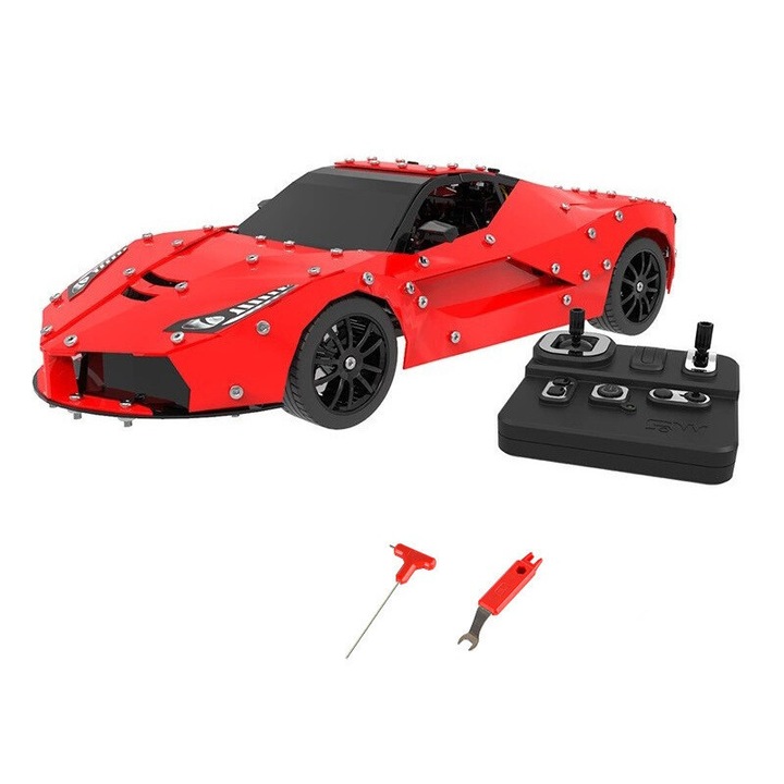 Комплект за сглобяване на спортна кола, червен, метален, 597 части, дистанционно управление, гумени колела, 8+ години