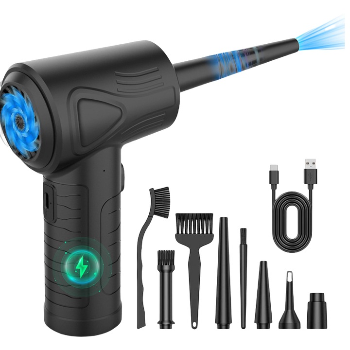 Suflanta portabila, reglare in 3 viteze, 6,5 KPA, 110.000 rpm, lumina LED, baterie cu capacitate 6000 mAh, potrivita pentru diverse scenarii, negru