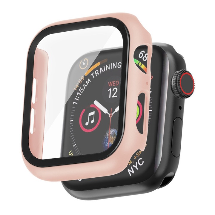 Carcasa din PC dur cu protectie din sticla temperata pentru Apple Watch SE (2nd Gen) Series 6/5/4 40mm, Roz