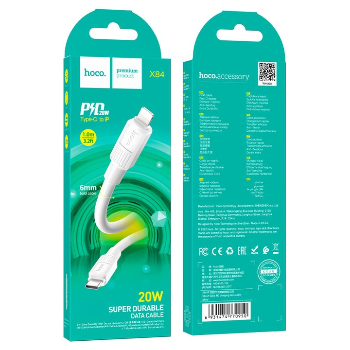 Hoco adat- és töltőkábel (X84), USB-C a Lightninghez, PD20W, QC3.0, 1 m, fehér