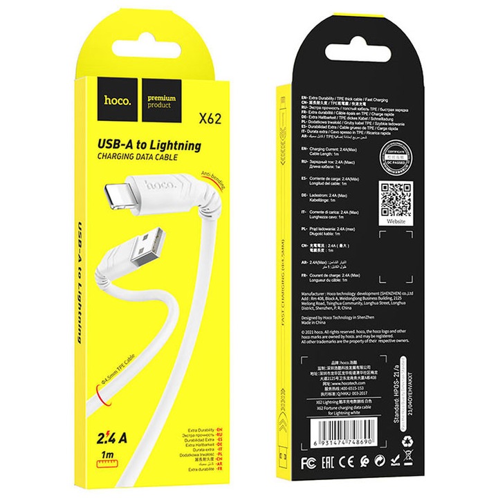Cablu Date si Incarcare Hoco (X62), USB-A la Lightning, 18W, 2.4A, 1m, White